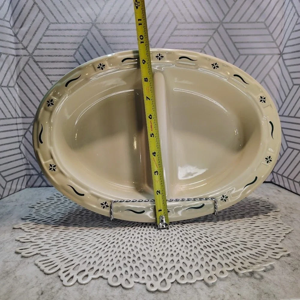 Longaberger Pottery Woven Traditions Ivory Heritage Green Divided Dish‎ 31615